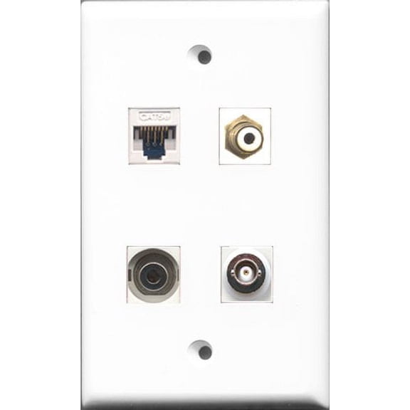 RiteAV 1 Port RCA White and 1 Port 3.5mm and 1 Port BNC and 1 Port Cat5e Ethernet White Wall Plate