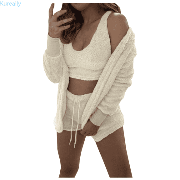 Kureaily Womens Fuzzy Warm Flannel Sleepwear 3 Piece Outfit Coat Outwear Top Shorts Set Pajamas