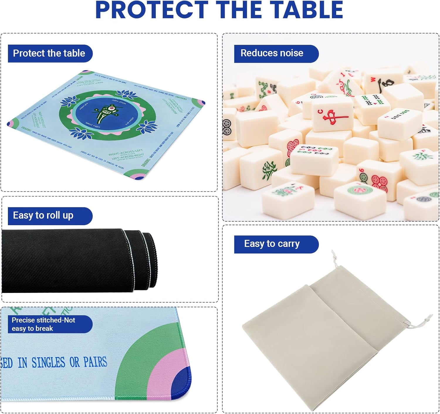 Mahjong Mat with Rules, 32.2 Inch Square Mahjong Mats for Table, Noise Reduction Mah Jong Mat, Rubber Anti-Slip Base for Board Games, Tiles Game & Dominoes Green Chick