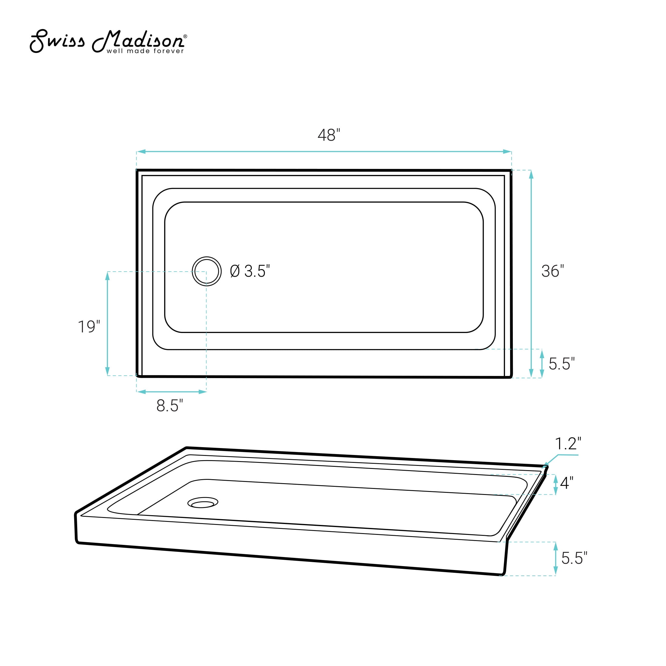 Voltaire 48" x 36" Single-Threshold, Left-Hand Drain, Shower Base in Gray