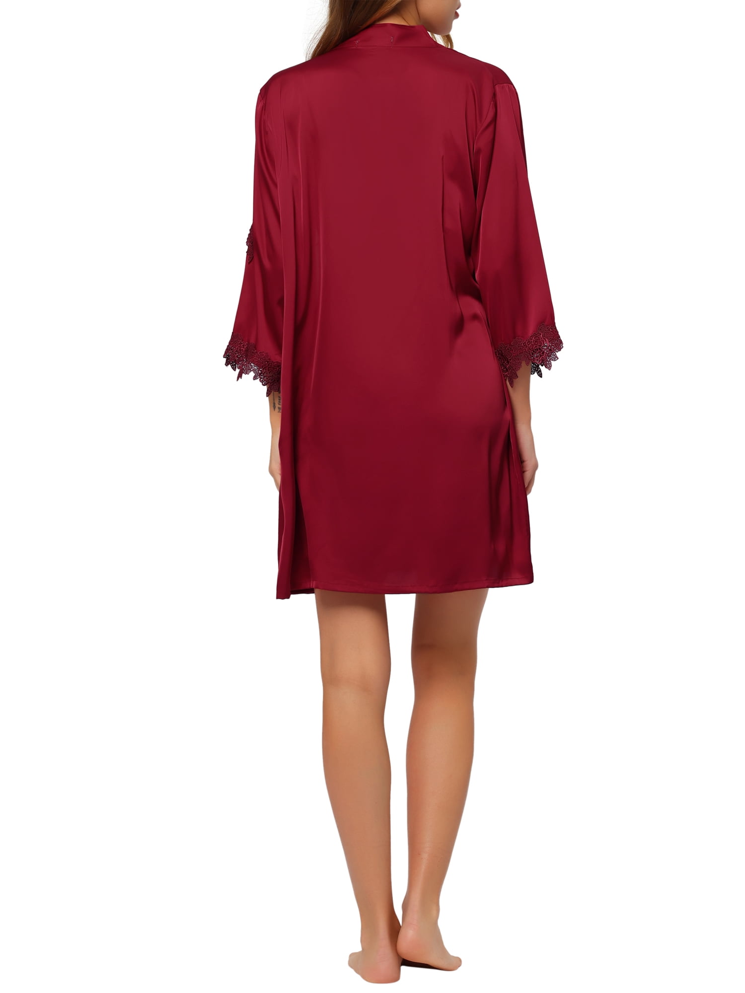 Unique Bargains Women's Satin 2pcs Cami Nightdress with Robe Sexy Pajama Sets L Red