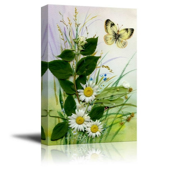 Canvas Prints Wall Art - Wild Flowers and a Butterfly Floral Art | Modern Wall Decor/Home Decoration Stretched Gallery Canvas Wrap Giclee Print & Ready to Hang -12" x 18"