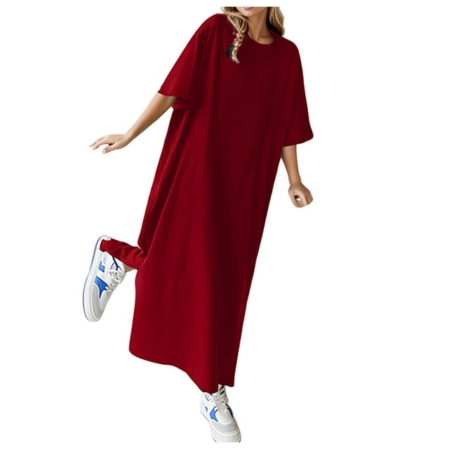 Kcodviy Robe Portefeuille Ample Décontractée Unie d'Été à Manches Courtes T-Shirt Robe d'Été Décontractée Robe Femme Robe Midi Robes Décontractées d'Été Robe Grande Taille pour Femmes Décontractée