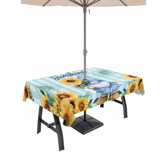 Outdoor Tablecloth with Umbrella Hole for Patio/Picnic/Party/Camping, Sunflower Gnomes Waterproof Table Cloth Rectangle Table Cover Washable, Summer Botanical Floral Teal Striped (60"x 120")