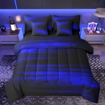 Homewish Waves Stripes 7pcs Bedding Comforter Set,Modern Asbtarct Geometric Queen Bedding Sets,Blue Black Queen Sheet Sets For Girl Boys,Ultra Soft Home Decor Reversible