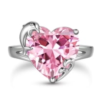 Juwaliy 9Ct Women Heart Ring 925 Sterling Silver Dolphin October Birthstone Tourmaline Pink Solitaire Ring Jewelry Mother Birthday Valentine's Day Gifts