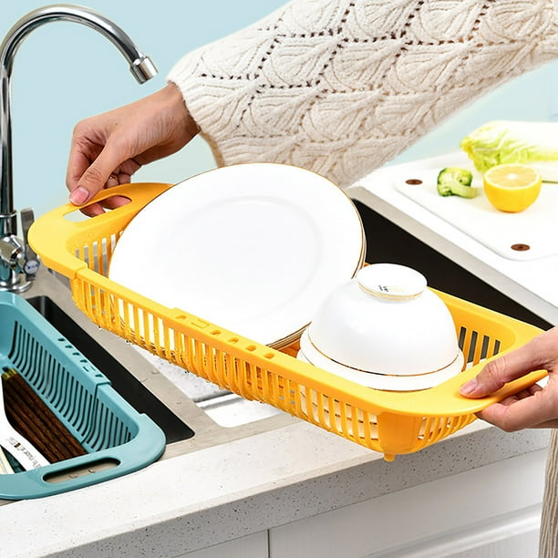 HAXMNOU Over The Sink Dish Drainer Drying Rack Household Retractable Vegetable Sink Drain Basket Kitchen Sink Drain Rack Clearance item Yellow