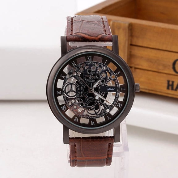 Fashion Skeleton Dial Quartz Watch - Stylish Roman Numeral Analog Wristwatch with Leather or Mesh Band, Unisex Casual Dress Watch for Men & Women,A