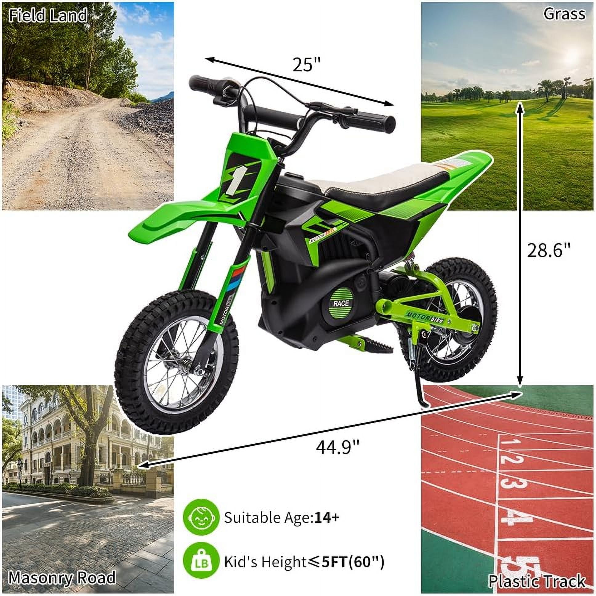 Lumiparty 24V Electric Off-Road Motorcycle, 250W Motor 13.6MPH Fast Speed Motocross Dirt Bike, Twist Grip Throttle, Metal Suspension, Air-Filled Tires, for Kids Teens Age 8+, Green