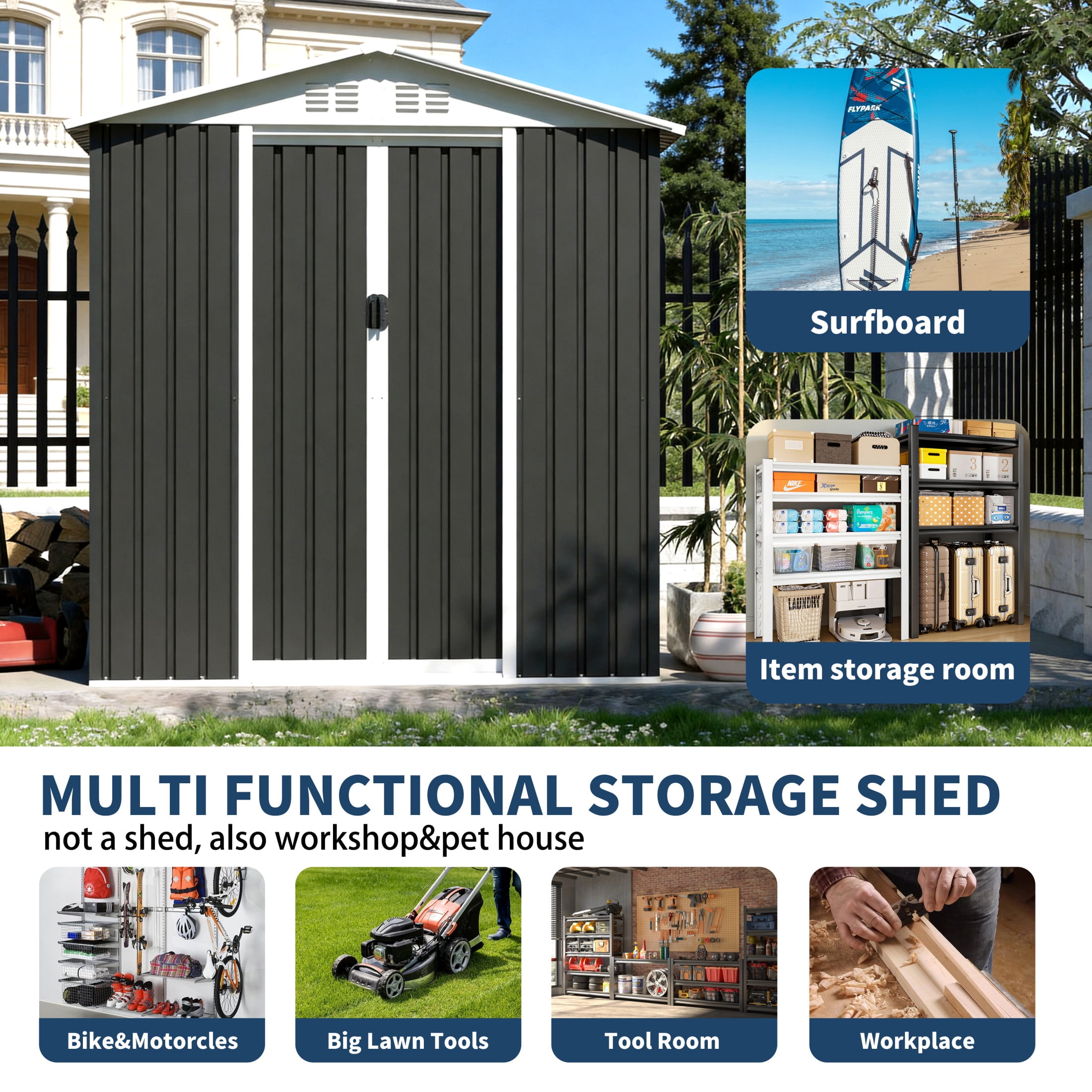 Noble House 6x9 FT Metal Garden Storage Shed, Apex Roof Outdoor Tool & Bike Shelter with Sliding Doors, Dark Grey