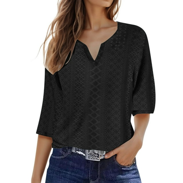 Ladies' Fashionable Solid Color V Neck Three Quarter Sleeve Shirt Top