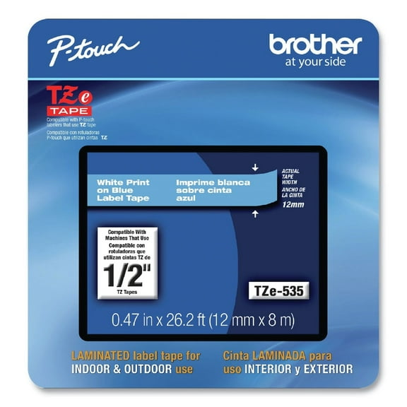 Brother P-Touch TZE535CS 0.47 in. x 26.2 ft. TZe Laminated Removable Label Tapes - White on Blue