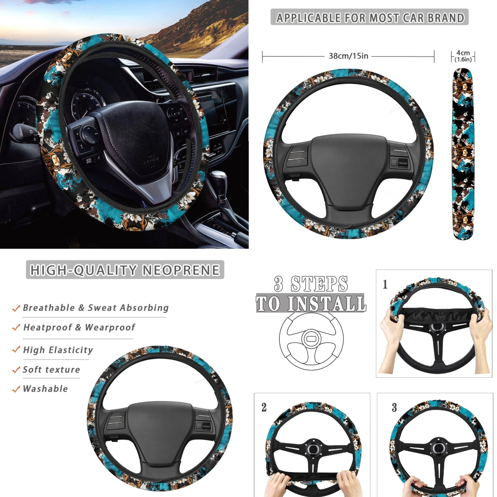 Renewold American Tribal Highland Cow Lily Car Seat Cover Full Set 11 Pack, with Steering Wheel Cover Coasters Gear Shift Knob Cover Handbrake Protector Headrest Protector Auto Decor Universal Fit