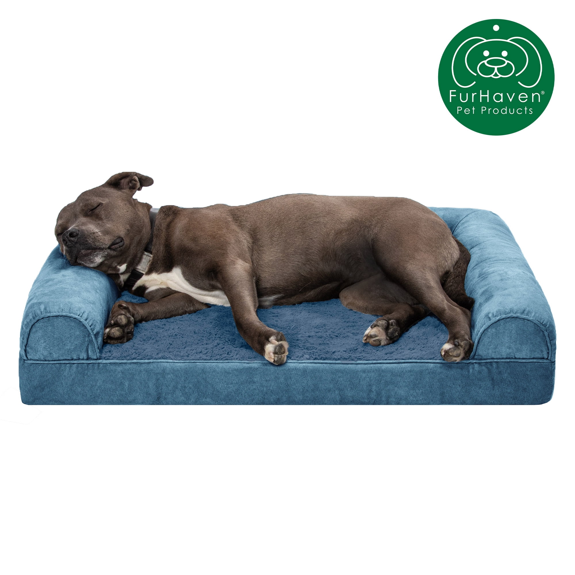 FurHaven Pet Products Faux Fur & Velvet Orthopedic Sofa Pet Bed for Dogs & Cats - Harbor Blue, Large
