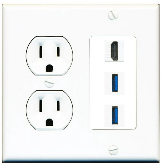 Ultra Spec Cables 1 Port HDMI 2 Port USB 3.0 A-A Wall Plate w/Round Power Outlet