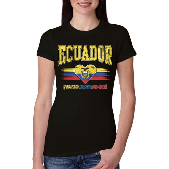 Wild Bobby Ecuador Flag Heart Vamos Ecuador Graphic | Women's Novelty T-Shirt | Soccer Football Fan Game Day Gift for Her Women Slim Fit Junior Tee