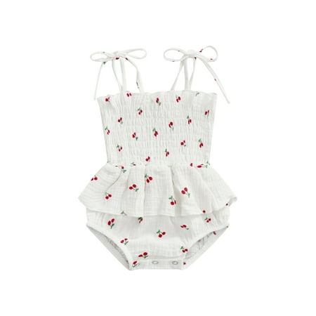 

Summer Infants Baby Girls Sweet Romper Tie-up Spaghetti Straps Cherries Printed Ruffle Short Jumpsuit