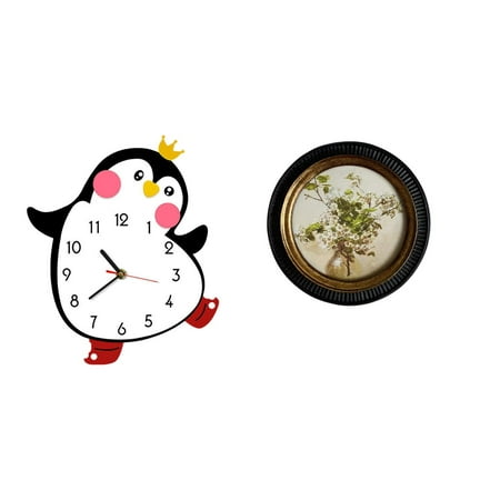 Wall Clock Penguin Photo Frame Non Ticking Resin Round Vintage Bedroom Living Room Home Decoration