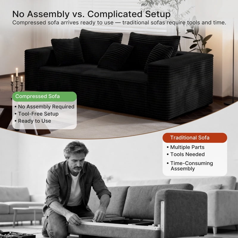 3-Seater Boneless Corduroy Upholstered Armrest Sofa, No Assembly Floor Couch, Memory Foam Large Loveseat with Throw Pillow