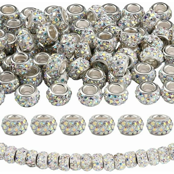 1 Box 120PCS European Rhinestone Beads Large Hole AB Color Diamond Hair Crystal Fairy Wand Clay Glitter Rondelle Spacer Charms Bead Bulk