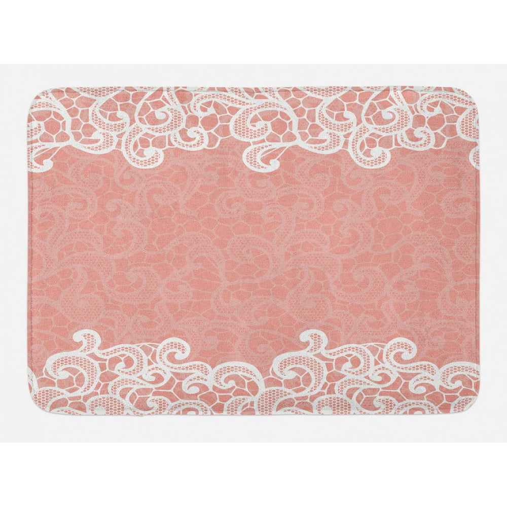 Peach Bath Mat, Lace Design on Soft Colored Background Ornamental Pattern Wedding Inspired Image