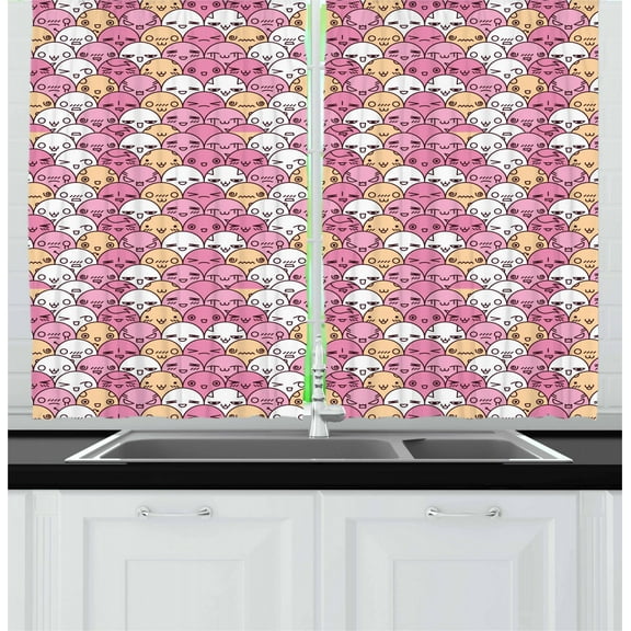 Ambesonne Anime Kitchen Curtains, Kawaii Faces Fun Pattern, 55"x39", Pale Pink White