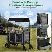 Vomeast Wagon Stroller for 2 Kids, 3-in-1 Outdoor Baby Stroller Wagon with Canopy, 5-Point Harness, Adjustable Handlebars, Removable Seat for Toddlers, Grey