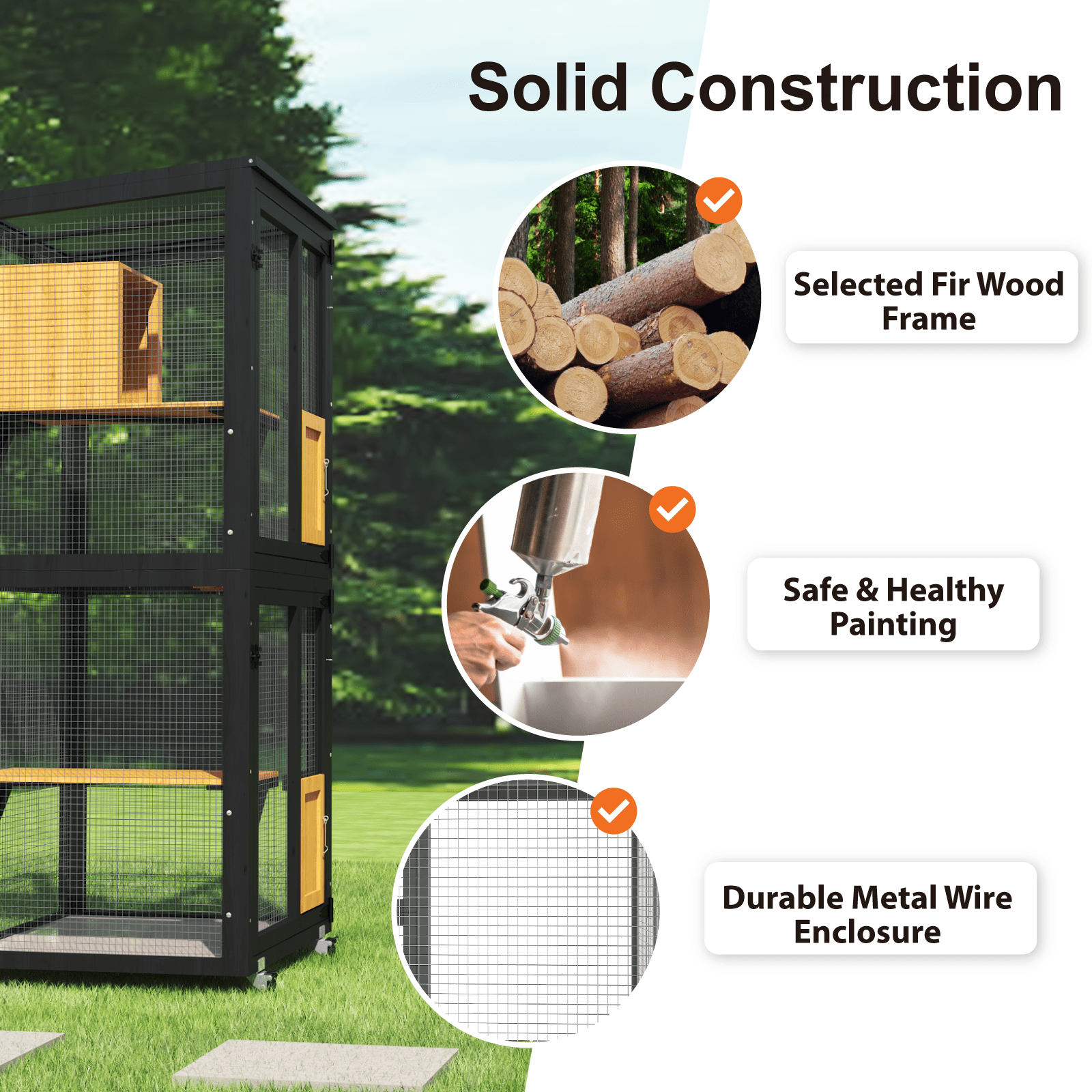 TIMHAKA Outdoor Cat Catio Enclosure, 4 Tiers Indoor Catio w/ Wheels, Resting Box, Waterproof Roof, Black & Yellow