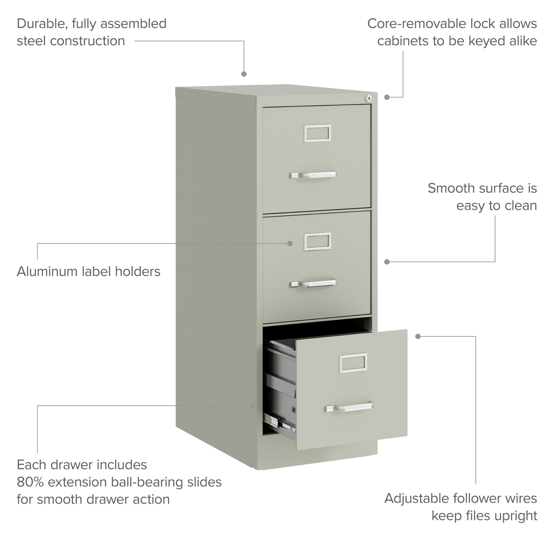 Hirsh 3 Drawer Letter Locking Metal Vertical File Cabinet, 22" Deep, Gray