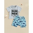thumbnail image 2 of Cenuakty Infant Boys Summer Clothes Outfits Letter Print Crew Neck Short Sleeve T-Shirts and Baseball/Shark/Dinosaur Print Shorts Suit, 2 of 8