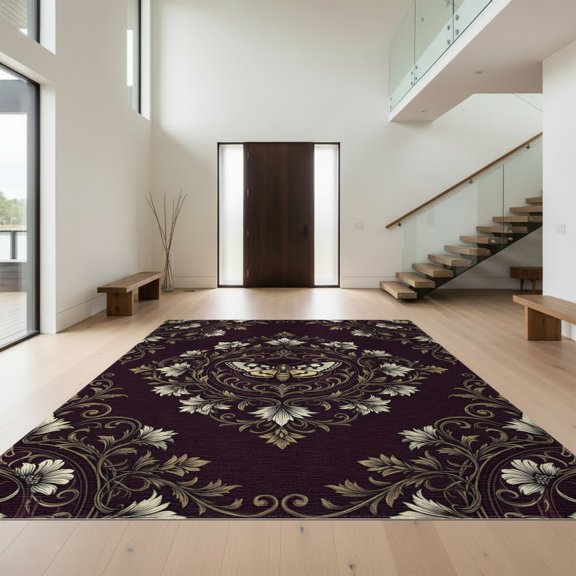 Design&I 8'x10' Washable Area Rug Moth Wildlife Motif Frame Botanical Scroll Border Vintage Gothic Refined for Dining Room, Large Office, Lounge, Snag-Free