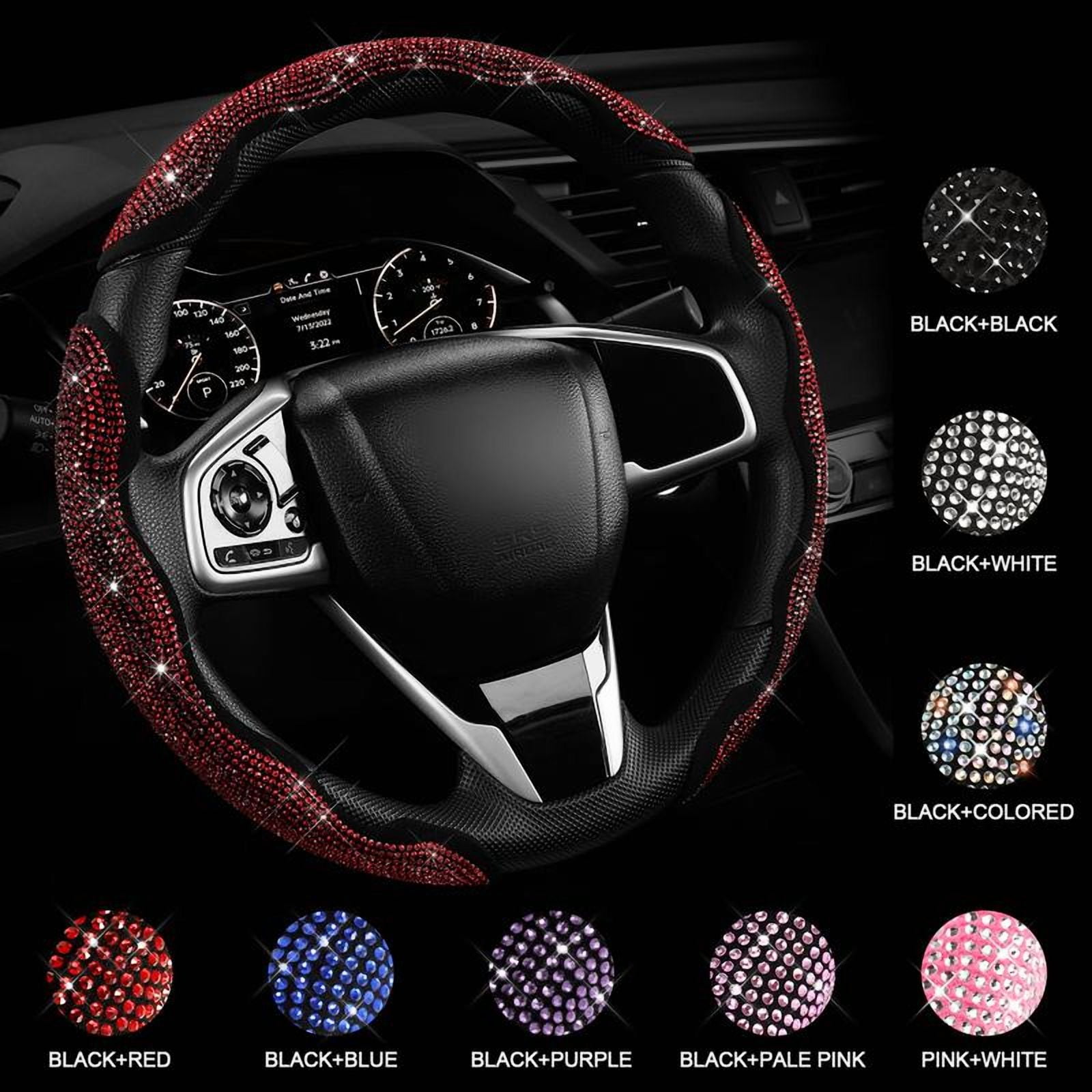Diamond-studded car steering wheel cover, inlaid with crystal rhinestones, 3-piece set of segmented steering wheel protectors, universal design, suitable for 99% of car models, especially suitable fo