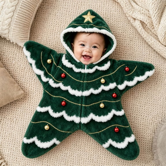 LILIYA Starfish Plush Hooded Onesie 0-3M Winter Warm Romper Jumpsuit with Halloween Graphic Print Soft Cozy Wearable Blanket Footie Bunting Bag