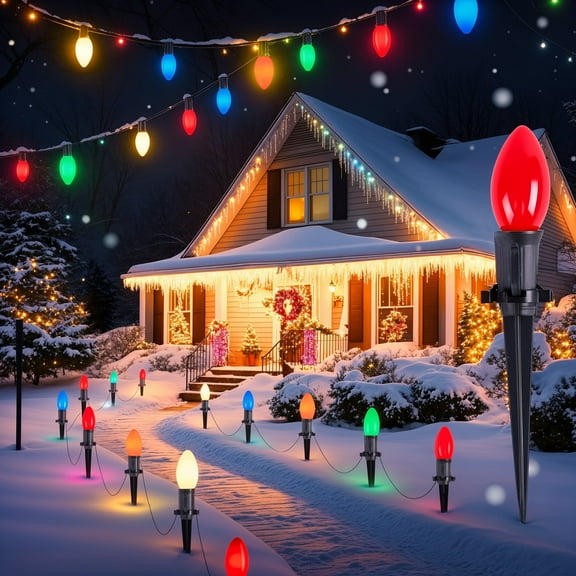 ALLJOY 2 Pack Total 51.5 Ft 40 Bulbs C9 Christmas Pathway Lights with Stakes, Outdoor Christmas String Lights,Christmas Decorations for Yard Walkway Sidewalk,Christmas Lights