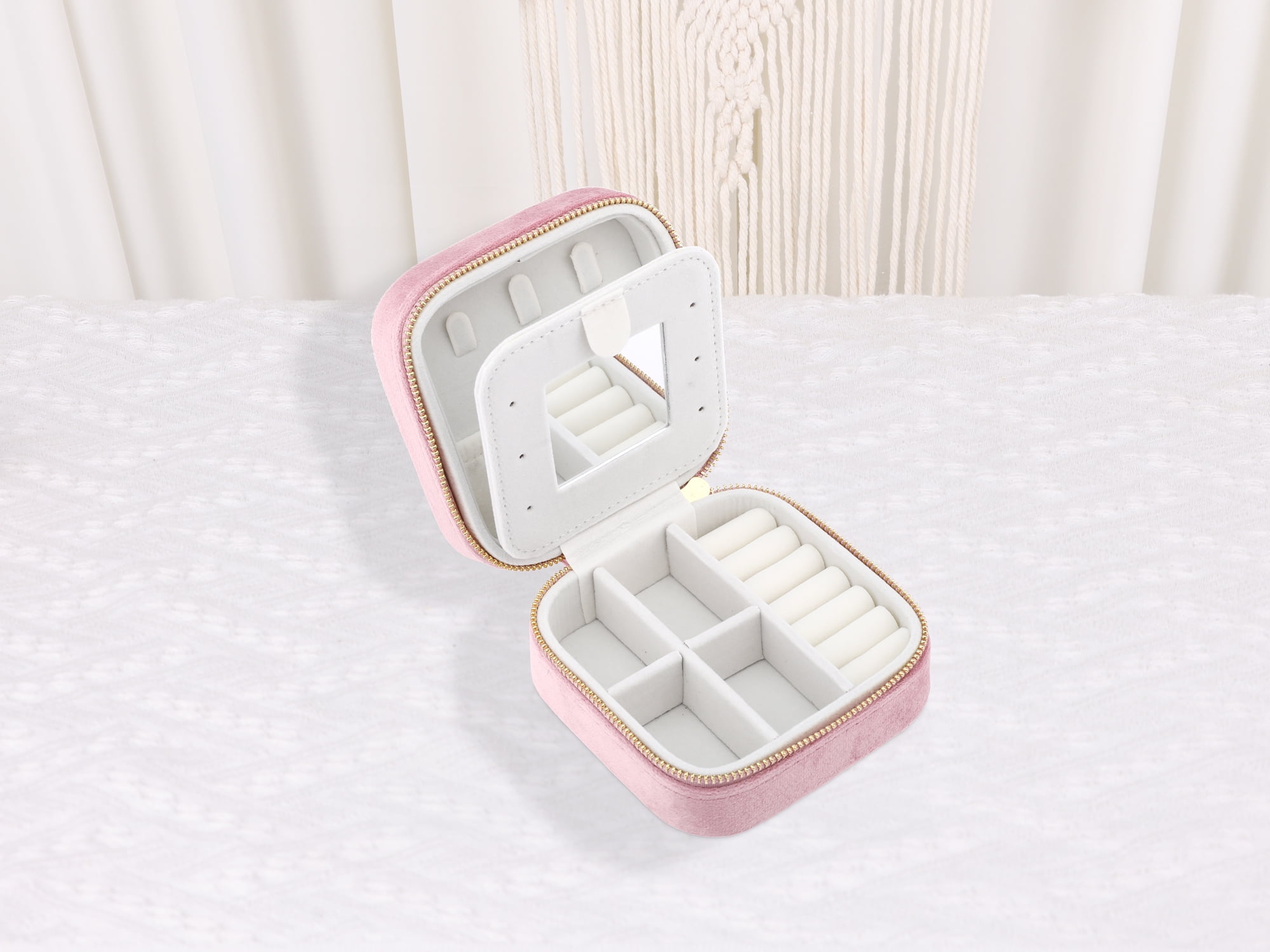 Unique Bargains Velvet Portable PU Leather Organizer Jewelry Box with Mirror Pink