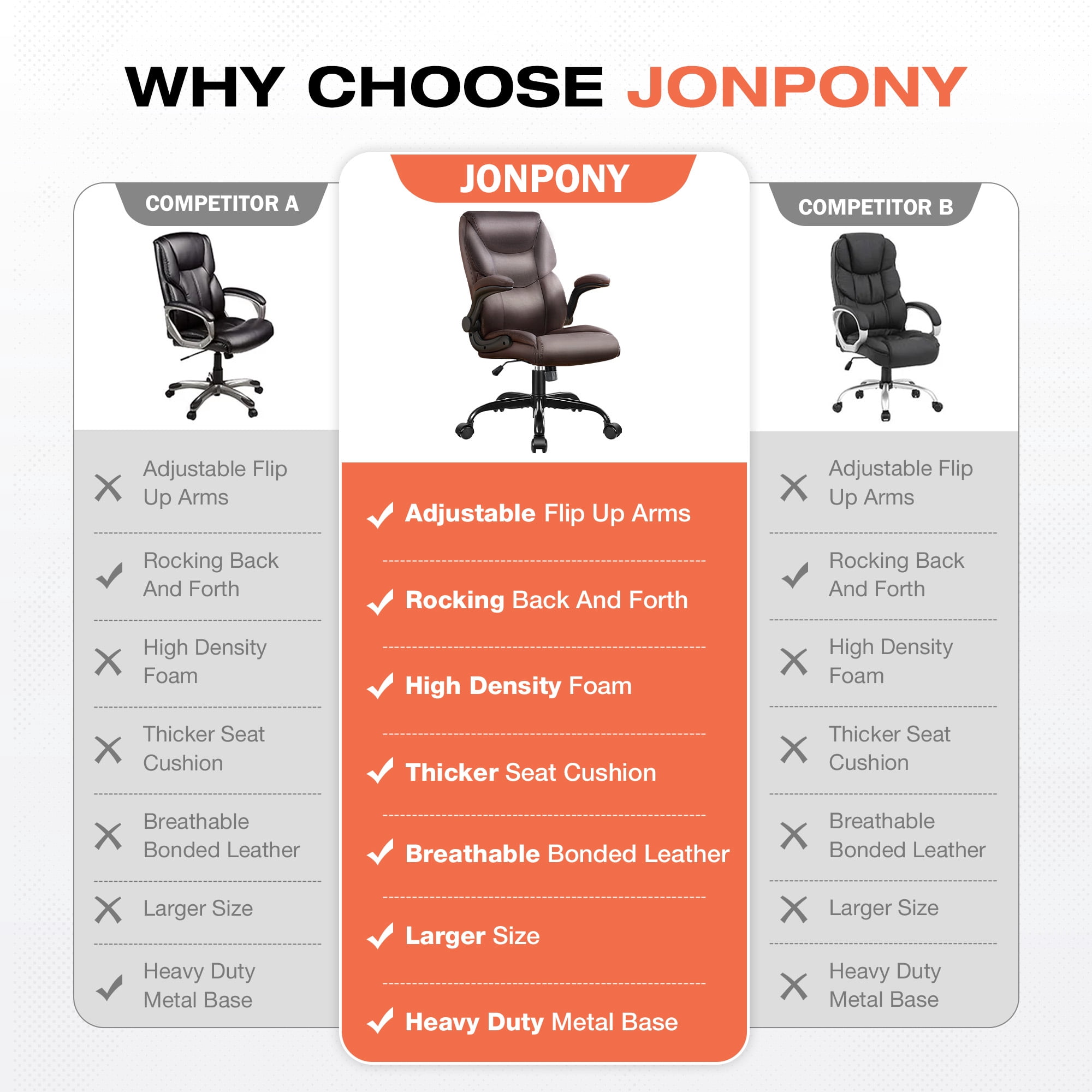 JONPONY Leather Office Chair, Big and Tall Office Chair 400LBS Wide Seat Ergonomic Computer Desk Chair High Back Executive Leather Chair Adjustable Task Chair, Brown