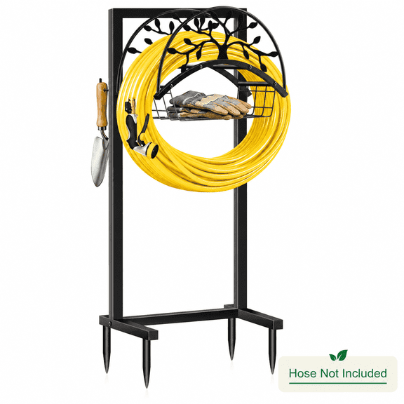 Garden Hose Holder, In-Ground Freestanding Metal Hose Stand with Storage Basket, Decorative Tree Design Outdoor