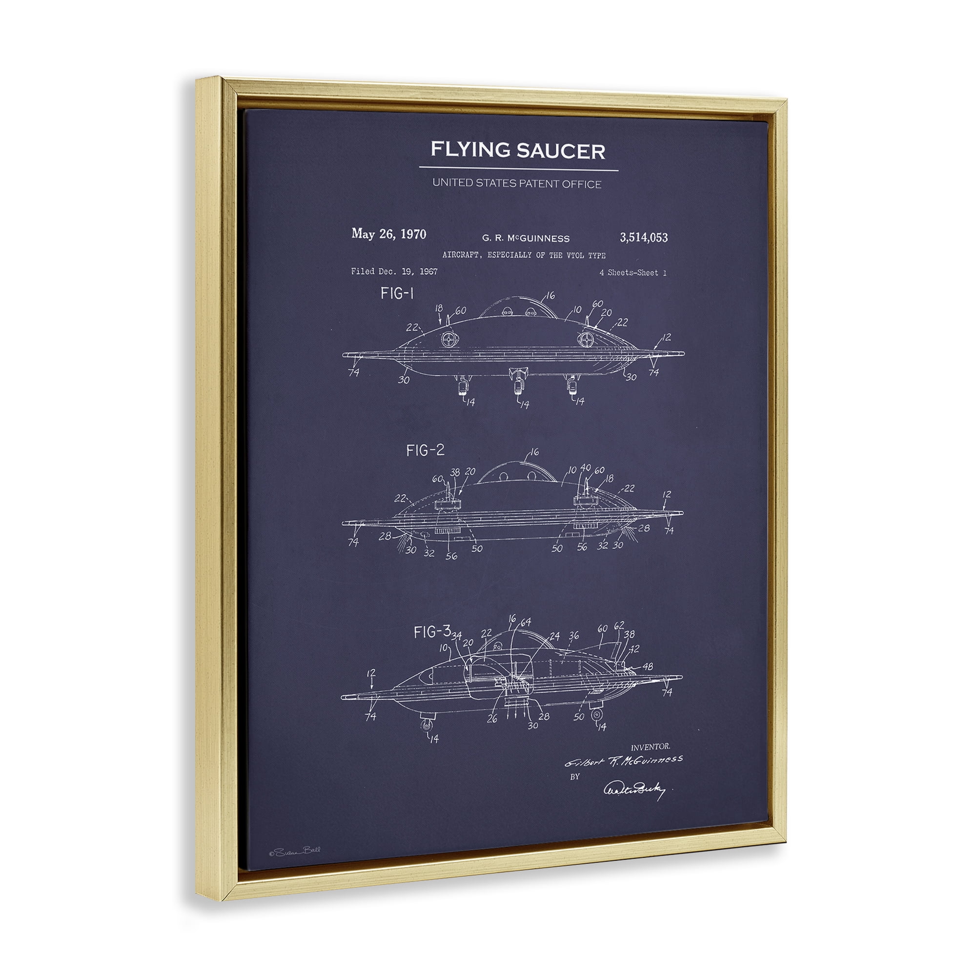 Stupell Industries Flying Saucer Blueprint Transportation Painting Gold Floater Framed Art Print Wall Art, 25 x 31