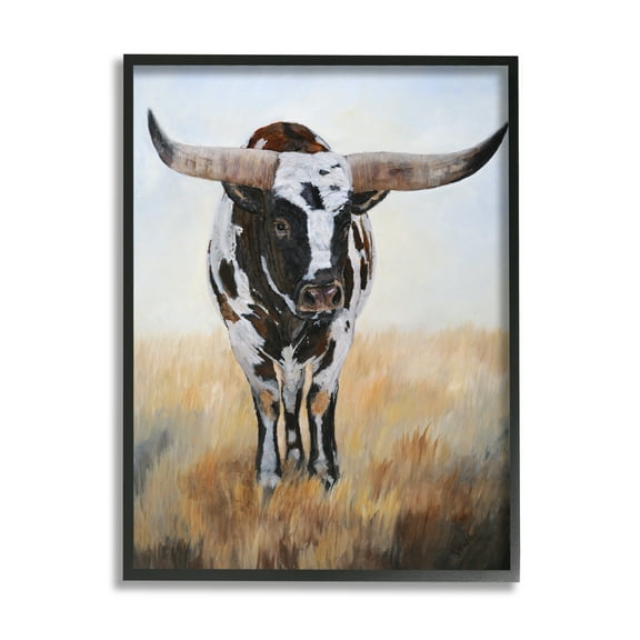 Stupell Spotted Longhorn Cattle Painting Animals & Insects Painting Black Framed Art Print Wall Art