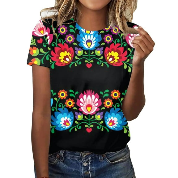 Womens T Shirts Loose Fit German Oktoberfest Bavarian Traditional National Dress Print Casual Loose Round Neck Short Sleeve Shirts for Women