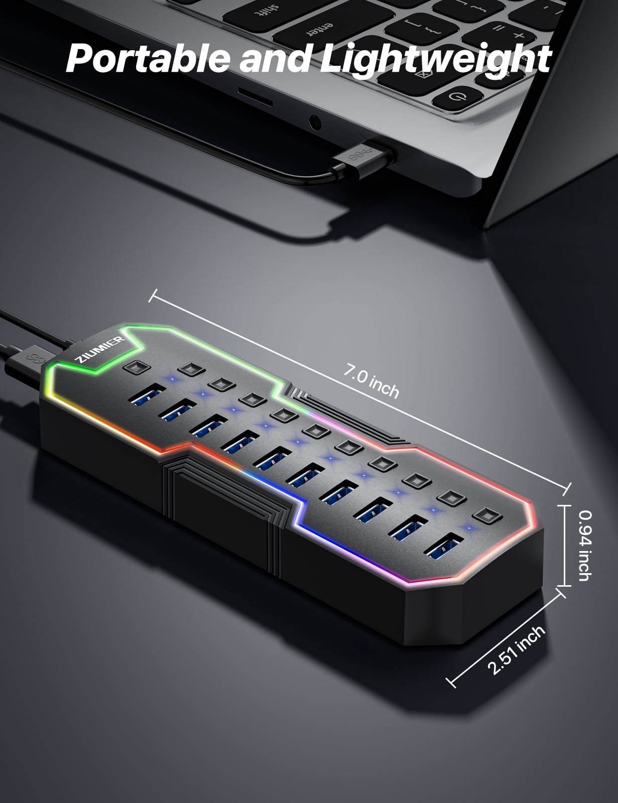 Powered USB 3.0 Hub, 10 Ports USB Hub with RGB LED Strip and 12V/2A Power Adapter USB Extension, Individual LED On/Off Switches for Mac, PC, Desktop, Flash Drive, Mobile HDD
