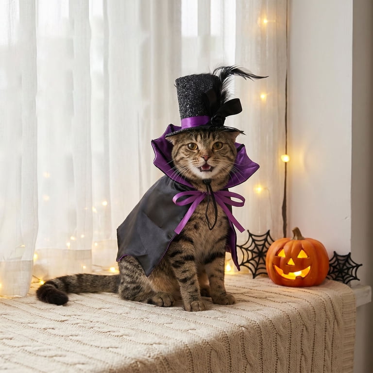 cat holiday dress Halloween Costume with Cloak and Top Hat, Adjustable Pet Cape Clothes Outfit for Cats and Small Animals, Funny Up Party Accessories Australian Black