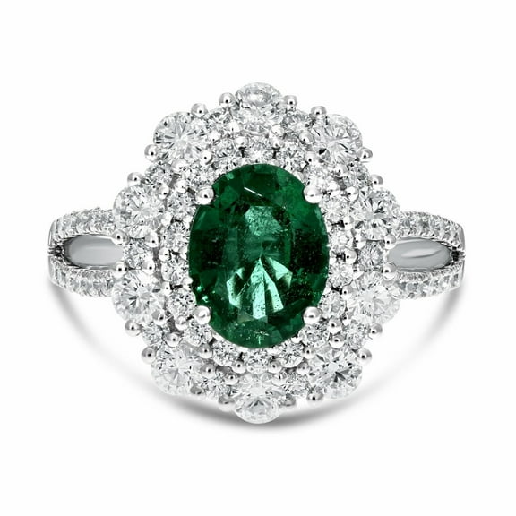 Oval Cut Emerald Ring, Green Emerald Diamond Engagement Ring, Double Halo Diamond Ring, Pave Set Split Shank Diamond Ring, 925 Sterling Silver, 2.0 Ct Simulated Emerald, Birthstone Ring