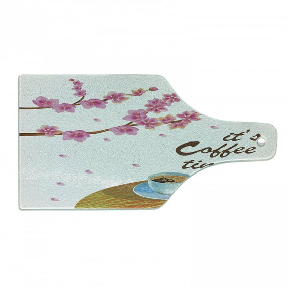 Coffee Time Cutting Board, Cartoon of Japanese Spring Cherry Blossom Branches and Drink Cup Print, Decorative Tempered Glass Cutting and Serving Board, in 3 Sizes, by Ambesonne