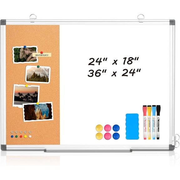 Magnetic Dry Erase White Board Cork Combo for Wall with Accessories | 36"x24" Vision Manifestation Whiteboard Corkboard Combination Aluminum Frame Home Office School Supplies ADHD Planner