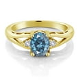 thumbnail image 2 of Gem Stone King 18K Yellow Gold Plated Silver Persian Blue Moissanite and White Created Sapphire 3 Stone Engagement Ring for Women | 1.46 Cttw | Oval 8X6MM | Round 2MM | Gemstone Birthstone | Size 9, 2 of 4