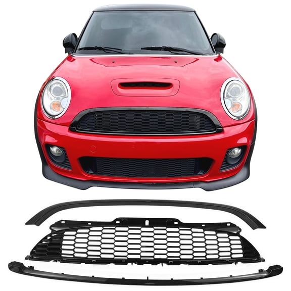 Ikon Motorsports Front Upper Grille w/ Frame Fits 2008-2015 Mini Cooper S & JCW R55 R56 R57 R58 R59, JCW Style Gloss Black ABS