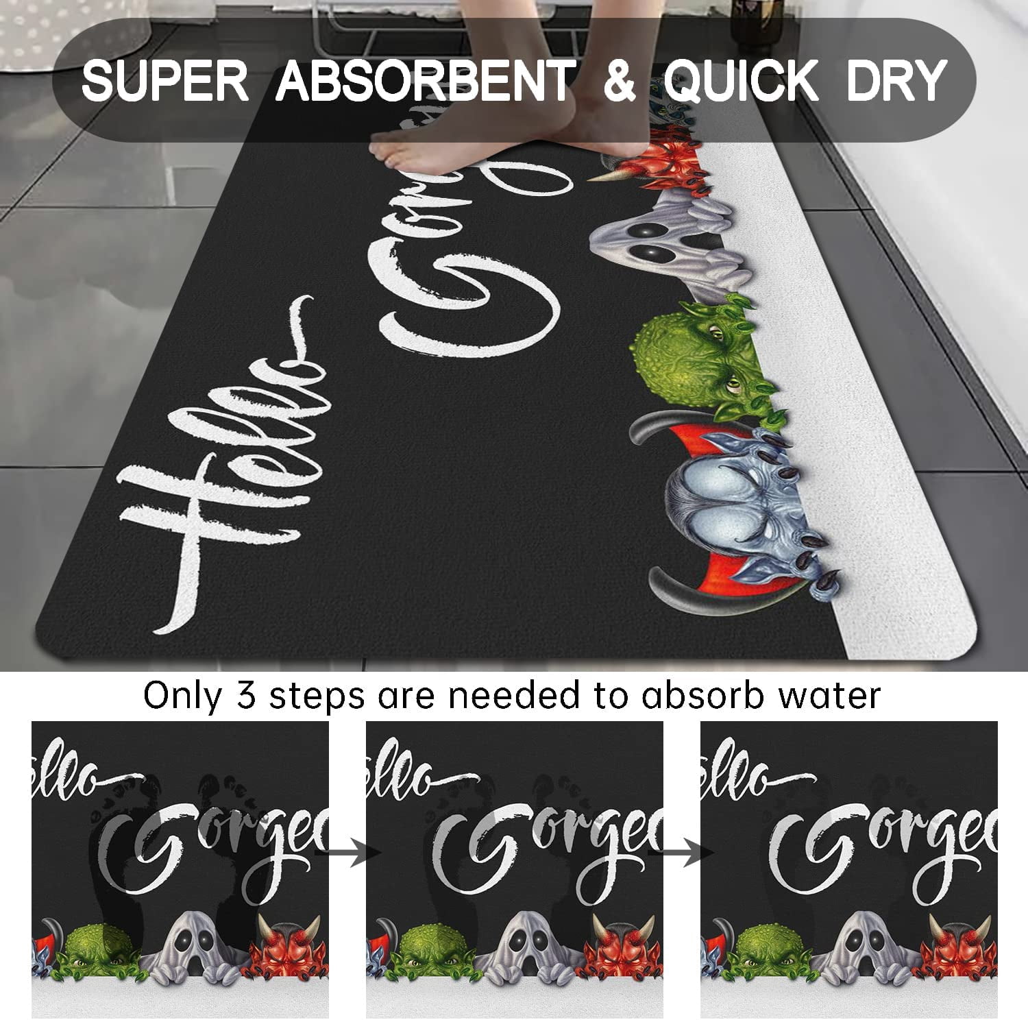 Funny Monsters Bath Mat 20"x32" Non Slip Quick Dry Super Water Absorbent Bathroom Floor Mat Black and White Thin Bathroom Rug Fit Under Door