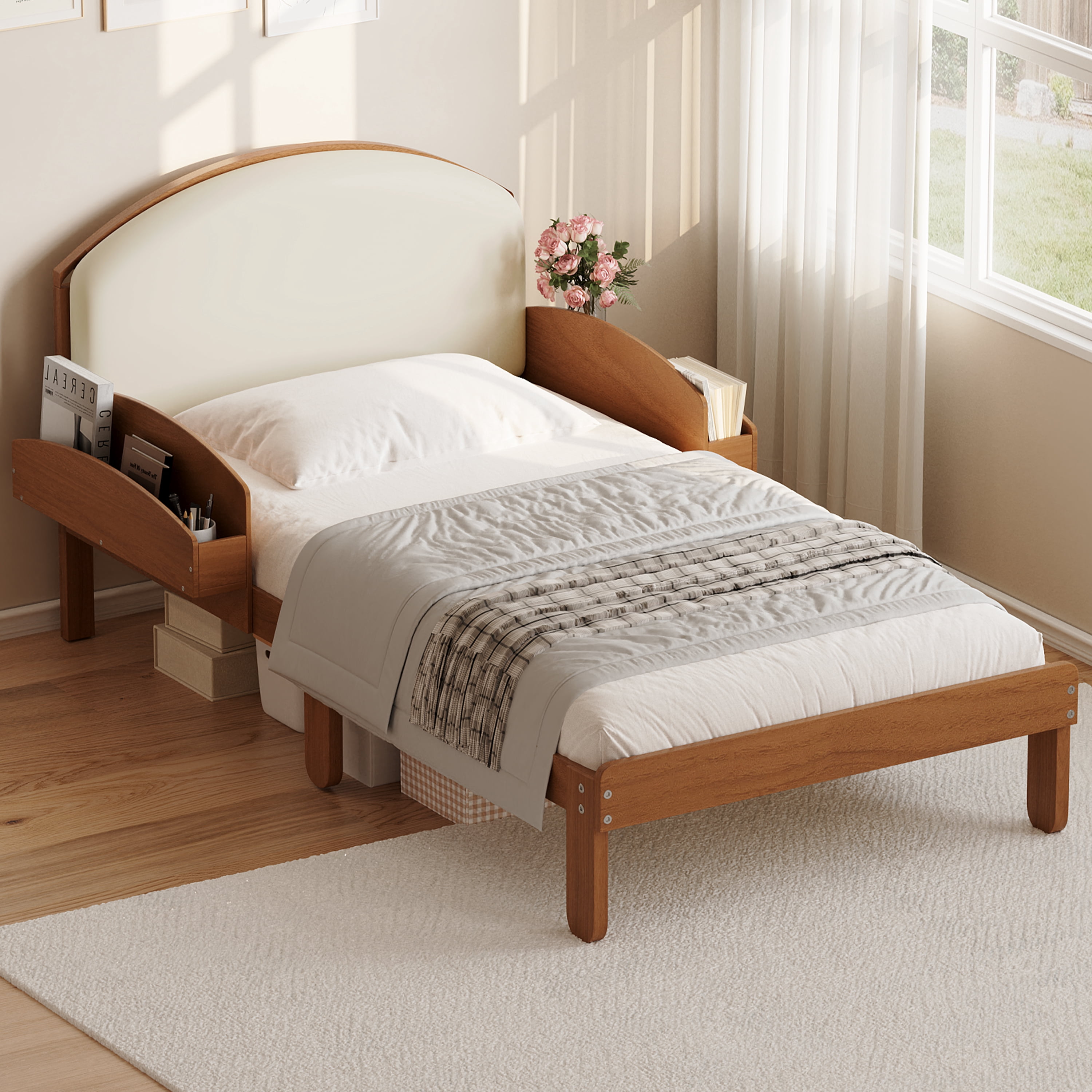 Euroco Twin Size Platform Bed with Upholstery Headboard, Wood Bed Frame with Storage Shelves, No Box Spring Needed, Light Walnut