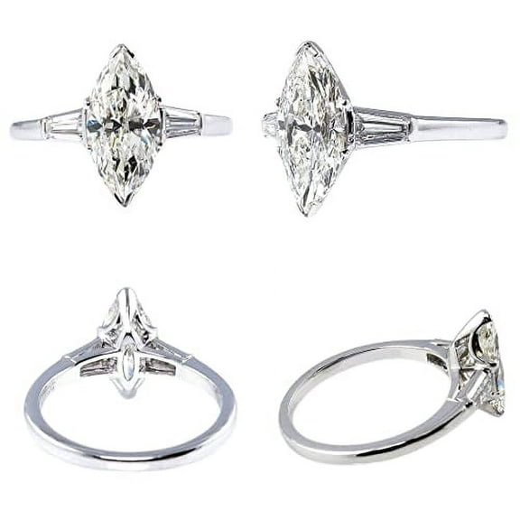 HeartsAndYou 2ct Marquise Moissanite Trilogy Engagement Ring for Women 18k White Gold over Silver Baguette Accent